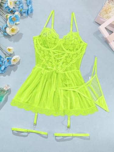 Image of Lilosy Sexy Garter Belt Mesh Lace Babydoll Lingerie Dress Set with Thong