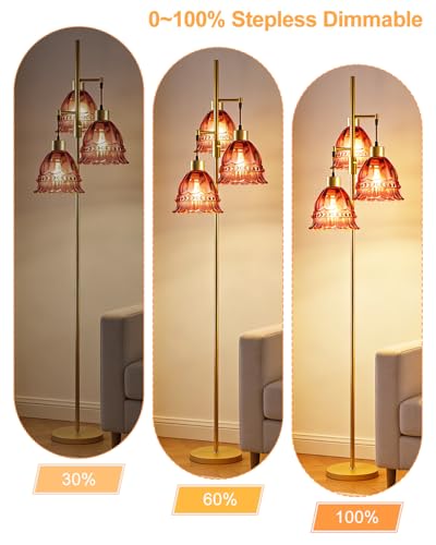 Image of Lightdot 3-Lights Glass Floor Lamp Dimmable Gold Floor Lamp with Deep Red Glass Shade 3000K Bulbs Included Unique Modern Standing Tall Lamp with 5Lbs Heavy Base for Living Room /Bedroom /Sofa Beside