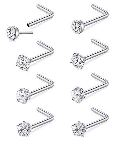 WillTen 20G Threadless Piercing Nariz Plata Piercing Nariz L Forma Diamante CZ Mujer Corazón Acero Inoxidable Piercing Joyería 8Piezas Cover