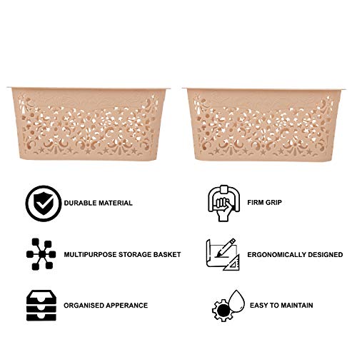 Image of Cutting Edge Essentials Plastic Storage Baskets /Shelf /Turkish Rack without Lid - Set of 2 for Fruit Vegetable Bathroom Stationary Home Basket with Handle (Beige, Small)