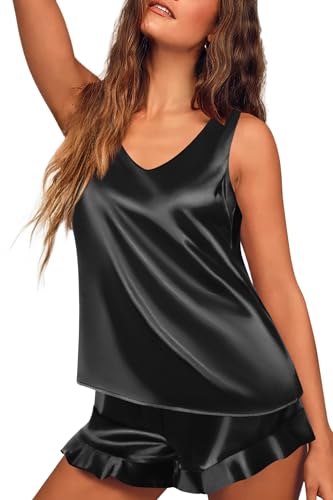 Ekouaer Womens Silk Pajamas Set 2 Piece Satin Camisole Pjs V Neck Tank Top and Shorts with Ruffle Sleepwear