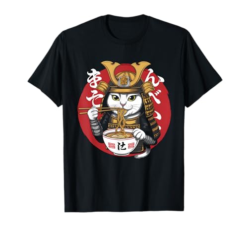 Japanese Samurai Ninja Cat Eating Ramen Anime Art Camiseta