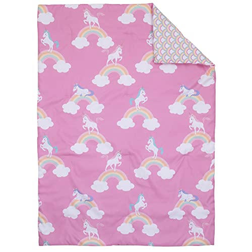 Everything Kids Rainbow Unicorn Pink, White And Rainbows 4 Piece Toddler Bed Set - Comforter, Fitted Bottom Sheet, Flat Top Sheet And Reversible Pillowcase, Full (4761416P) #TOP1
