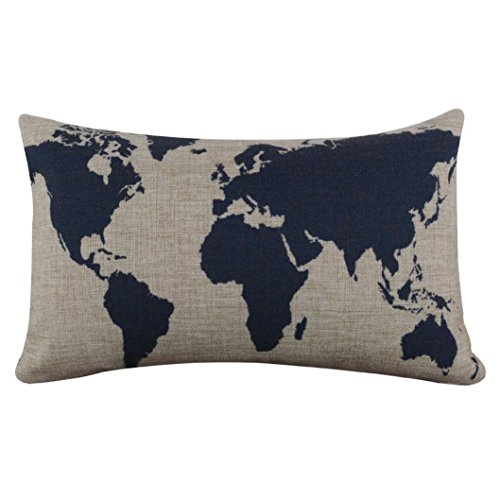 Hatop Cotton Linen World Map Decorative Cushion Cover Pillowslip Case Cover (Dark Blue 1)
