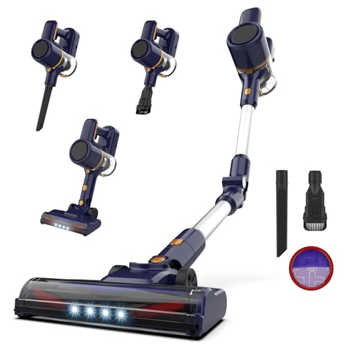 Aspirapolvere Senza Fili, Scopa Elettrica Senza Fili 20KPa, 6 in 1 Scopa Elettrica, Autonomia 40Min, Luce LED, Due Filtri a Spugne, Pavimenti Tappeto Peli di Animali Domestici