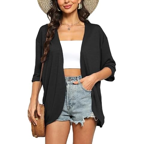 Yekaty Womens Lightweight Plus Size Open Front Cardigan Dressy Summer Short Sleeve Kimono Cardigans Black XL Cover