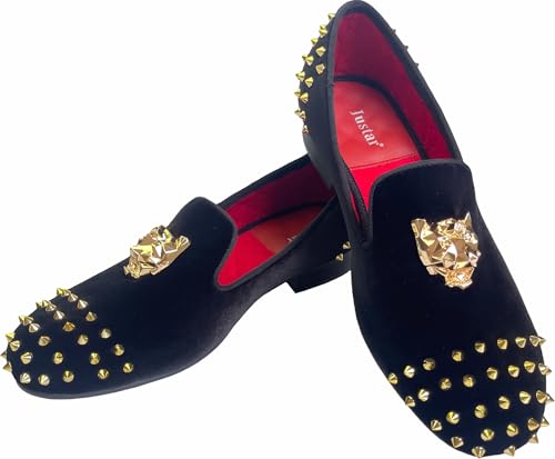 Justar Men's Spikes Dress Shoes Black Velvet Loafers with Gold Buckle Slip-On Slippers Flats2