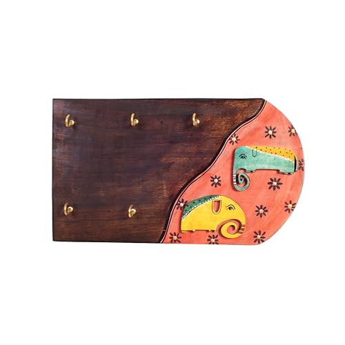 Image of AAKRITI ART CREATIONS Key Holder, Hoka-Poka Key Hanger with Elephant Motifs and Beautiful Artwork | Rustic Wooden Wall Organizer with 5 Hooks | New Home Gifts.