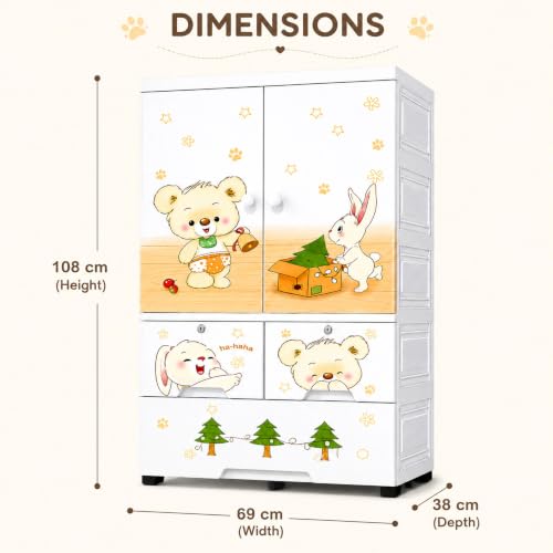 Image of Kids Plastic Wardrobe for Clothes Storage | Baby Cupboard & Almirah with Hanging Rod & Shelves | Portable Collapsible Storage Cabinet for Bedroom | Cartoon Kids Wardrobe