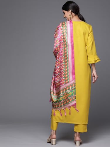 Image of Amayra Women's Embroidered Cotton Straight Kurta with Pant and Dupatta Set