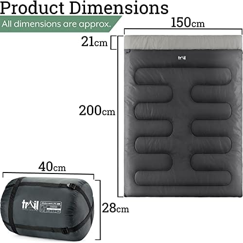 Double Sleeping Bag For Adults, Envelope 2 Season Summer Spring Autumn 250gsm, Outdoor Camping, Lightweight Carry Bag, Storage Pockets, 200cm x 150cm, Trail