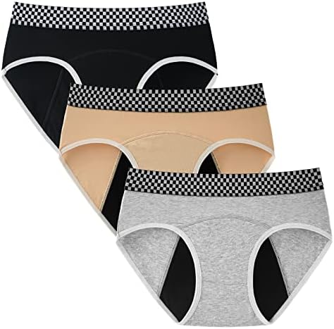 INNERSY Teen Girls' Period Panties Age 8-16 Cotton Menstrual Underwear 3-Pack(Checkered Band,L(12-14 yrs))
