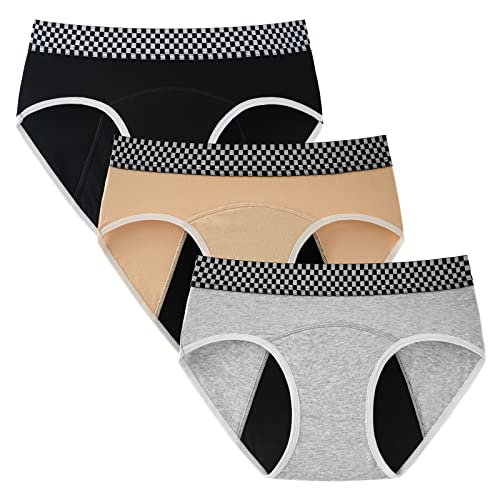 INNERSY Teen Girls' Sporty Period Panties Age 8-16 Menstrual Cotton Underwear 3-Pack(Checkered Band,XL(14-16 yrs))