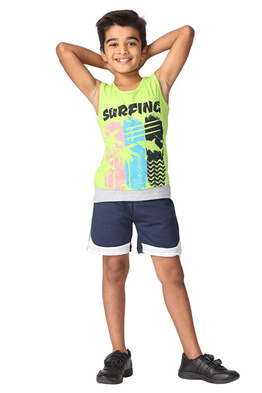 Image of TotzTouch Kids Dress For Boys T shirt | Shorts Set Summer Dress Cotton Sleeveless Tee Shirt Half Pants Clothing Set (Colors Blue, Red, Green Tops & Navy, Black, Grey Shorts) Age 1 years to 15 years