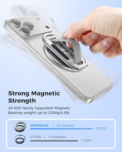 Image of SUPERONE Dual-Sided Magnetic Phone Grip for MagSafe | Dual Magnets 5.5 /3lbs, 55,000 Folds 18x Durable, Adjustable Strap, 360 Stand for iPhone 17 /16 /15 /14 /13 /12 Series-Silver