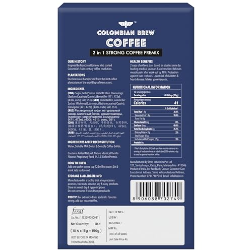 Colombian Brew Coffee 2 in 1 Instant Coffee Powder Premix – Unsweetened, No Sugar- 10 Sachets, 100g Box- Instant Coffee, Just Add Hot Water, Ready-to-Drink