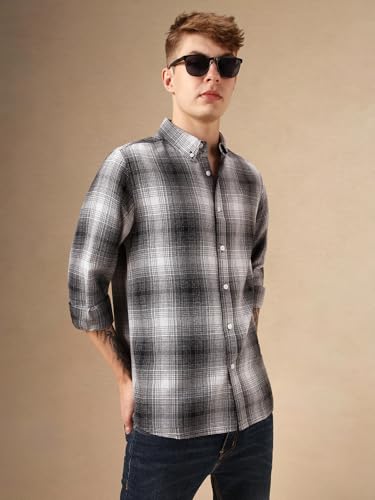 Image of Dennis Lingo Men Black 100% Cotton Full Sleeve Button Down Collar Checks Shirts