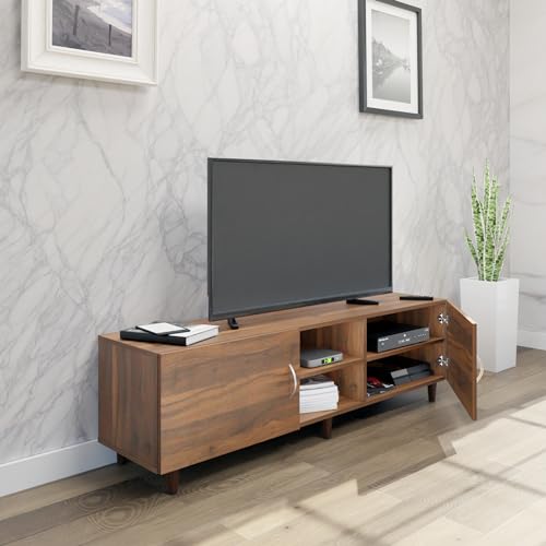 Image of VIKI Modern TV Unit for Living Room | Engineered Wood TV Cabinet with 2 Door Storage & Open Shelf, Set Top Box Stand, Entertainment Unit, 160W x 48H x 40D cm | DIY | 1 Year Warranty (Walnut)