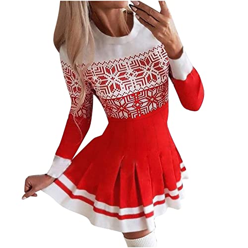 YYDSP Christmas Pleated A Line Dress for Women Plus Size Long Sleeve Crewneck Bodycon Fall Winter Tunic Swing Dress Red