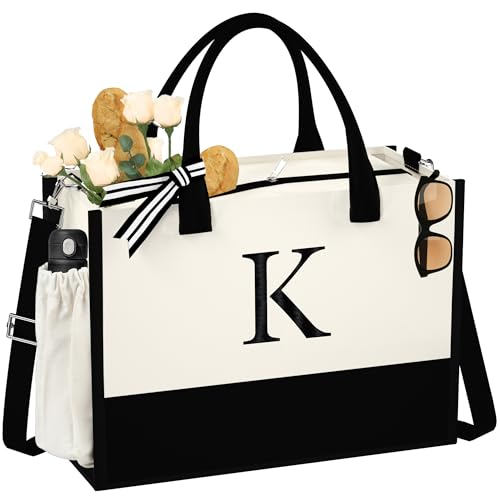 Initial Canvas Tote Bag Work Tote Bags Gifts for Women 16oz Canvas Bag with Shoulder Strap & Zipper Inner & Side Pocket Monogrammed Initial Bag Tote Bags for Teacher Bride Friend Wedding Bag Letter K