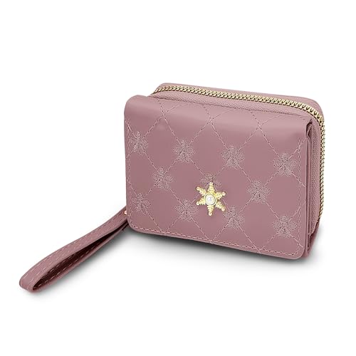 Wallets for Women, Flower Print Triple-fold Leather Card Wallets Ladies Small Wallet with Zipper Coin Pockets (Purple)