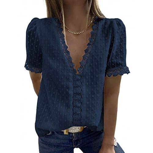 Bipily Camiseta para Mujer Blusa de Encaje con Cuello en V de Gasa Manga Corta Elegante y Básica Color Sólido Tops(Azul Marino,M)