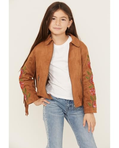 Girls' Floral Embroidered Suede Jacket, Camel (US, Age, 7 Years, Camel)3