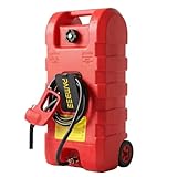 PAMBEE 15 Gallon Gas Can, Fuel Tank Container with LE Fluid Transfer Manual Siphon Pump & 10FT Hose, Portable Diesel Gas Storage Caddy with Wheels for Car, ATV, Weeder, Boat, etc., Red