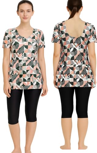 Image of Hacer Frock Style Swimwear with Ethnic Printed Padde Half Sleeve Bodysuit Swimming Costume Knee Length Two Piece Swimsuit for Pool Beach Women (XL, 38, Orange-Green-Black)