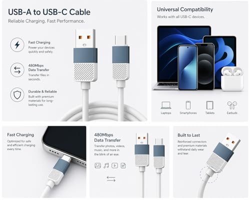 Image of USB to Type C Silicone Cable | 60W Fast Charging & Sync | Soft Anti-Tangle Design | Universal Compatibility | Smartphones & Tablets | Blue