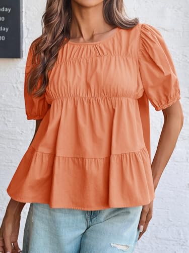 Image of Tankaneo Womens Puff Sleeve Peplum Babydoll Tops Summer Flowy Pleated Cotton T-Shirts Casual Loose Fit Cute Blouse