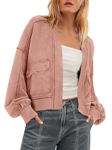 Nirovien Womens Sweatshirt Cardigan Open Front Oversized Sweatshirt Drop Shoulder Long Sleeve Crop Jackets with Pockets(Dark Coral Pink,M)