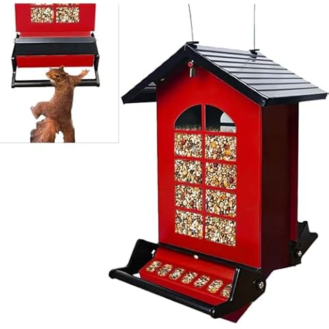 Squirrel Proof Bird Feeder, Bird Feeder for Outside Hanging, 5LB Large Capacity Metal Squirrel Proof Bird Feeder with Bilateral Weight Activated Perches, for Cardinal Blue Jay Finch, Garden Decoration Cover
