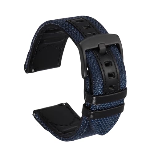 Bracelet montre nylon 22mm bleu-noir et cuir véritable à dégagement rapide pour hommes et femmes