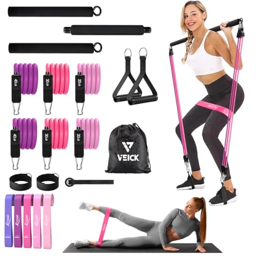 VEICK Pilates Bar Kit with Resistance Bands, Elastic Workout Bands for Men and Women, Set of 5 Resistance Loop Bands for Home Fitness, Stretching, Strength Training, Physical Therap, Purple
