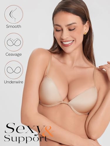 Image of Push Up Bra Deep Plunge Thick Padded Add Cup Smooth T Shirt Bras Underwire Demi Low Cut Molded Bralette