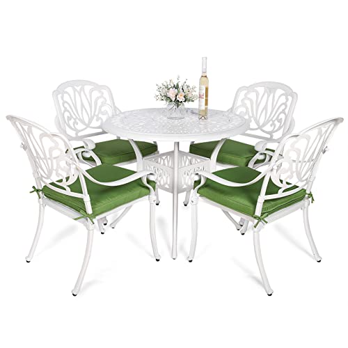 VIVIJASON 5-Piece Patio Furniture Dining Set, All-Weather White Cast Aluminum Outdoor Conversation Set, Include 4 Cushioned Chairs and a 35.4" Round Table w/Umbrella Hole for Balcony Lawn Garden