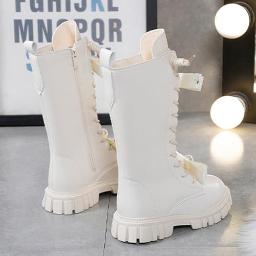 Girls Lace up Riding Boots Mid Calf Combat Boots PU Leather Side Zipper Booties Punk Goth Knee High Boot with Bow2