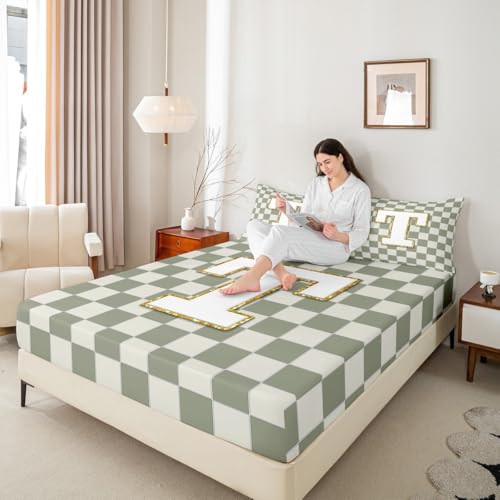 Image of Erosebridal Sage Green Checkered Sheet Set King Plaid Initial T Bed Sheets Personalized Monogram Bedding for Kids Boys Girls,Fashion Grids Gingham Bed Sheets Set 4 Piece