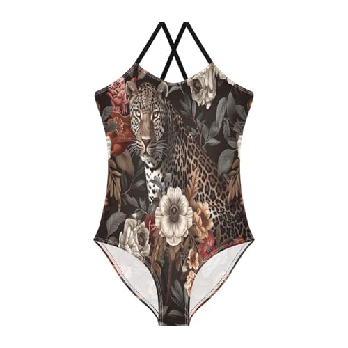 Rose Vintage Leopard Girls One-Piece Swimsuit Beach Bathing Suit