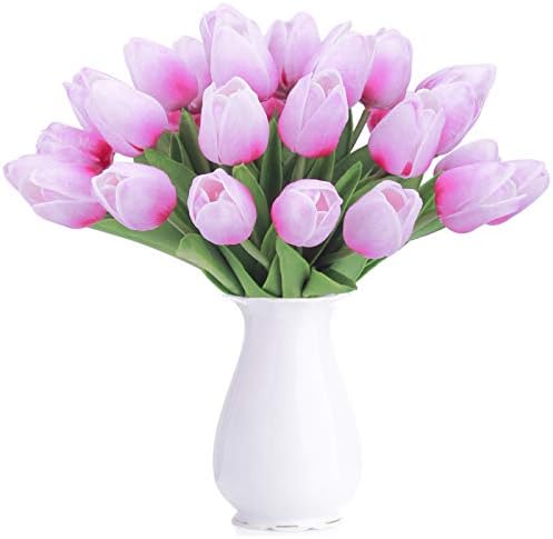 BOMAROLAN Artificial Tulip Fake Holland Mini Tulip Real Touch Flowers 24 Pcs for Wedding Decor DIY Home Party (Rose Purple)
