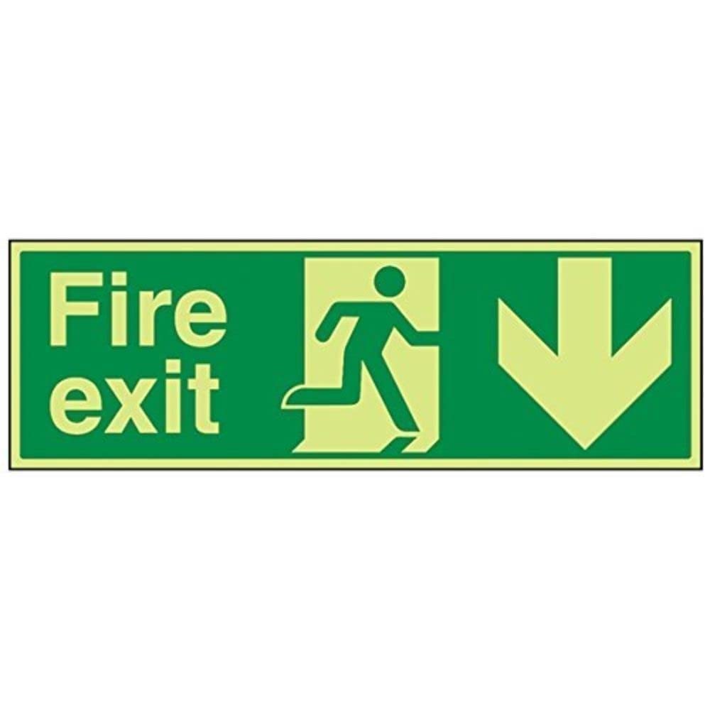 V Safety Glow In The Dark Fire Exit Arrow Down Sign - 600mm x 200mm - Rigid Plastic