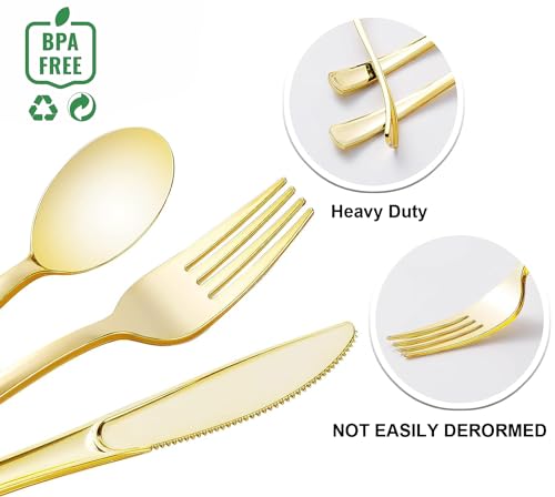 120 Pack Gold Plastic Cutlery Set, Including 40 Forks, 40 Knives, 40 Spoons, Reusable Heavy Duty Plastic Silverware Set for Christmas Weddings, Birthday, Parties, Dinners