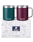 SUNWILL Travel Coffee Mug Set of 2, Insulated Tumbler with Lid, 14 oz Stainless Steel Cup with Handle for Camping, Office, Home, Powder Coated Forest Green & Plum