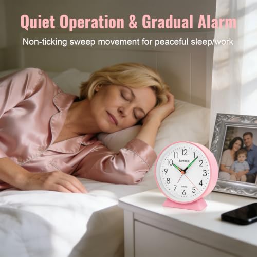 Image of 4.5 Inch Small Pink Analog Alarm Clock, Retro Battery Operated Desk Clock with Night Light Stays On 4 Seconds Vintage Metal Table Clock for Bedside, Nightstand, Bedroom, Office, Bathroom - Pink