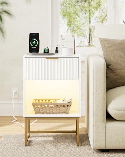 Image of Masupu Fluted Nightstand with Charging Station and LED Lights,Modern Night Stand Wood Bedside Table with Storage Drawer Side End Table for Bedroom, Office,White