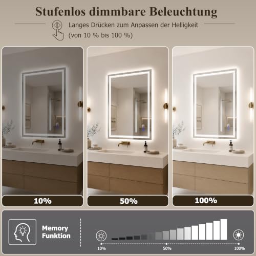XRAMFY Badspiegel mit Beleuchtung LED 80×50CM, 3 Farbtemperaturen & stufenloses Dimmen, Anti-Beschlag, Spiegel mit Beleuchtung… – Ansicht 4