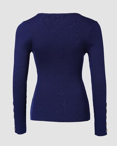 Womens V Neck Metal Button Down Ribbed Knit Pullover Shirt Long Sleeve Blouse Slim Fit Casual Elegant Basic Top Daily Work2
