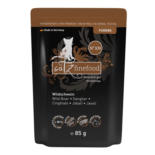 catz finefood Purrrr Wildchwein Monoprotein Katzenfutter nass N° 109, für ernährungssensible Katzen, 70% Fleischanteil, 16 x 85g Beutel