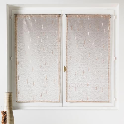 Home Maison - Paire de Petits Voilages Organza Et Jacquard à Motifs Gouttes - Polyester - Ourlet Passe Tringle - Usage Cuisine Salon - 80 x 160 cm - Ivoire
